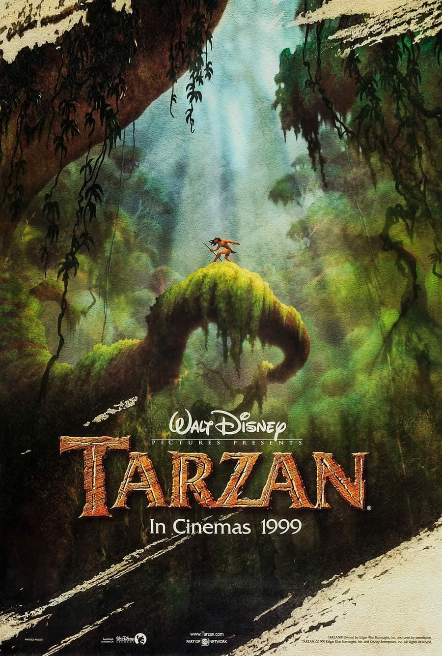 Tarzan on a tree, jungle background. 1999 Disney movie poster.