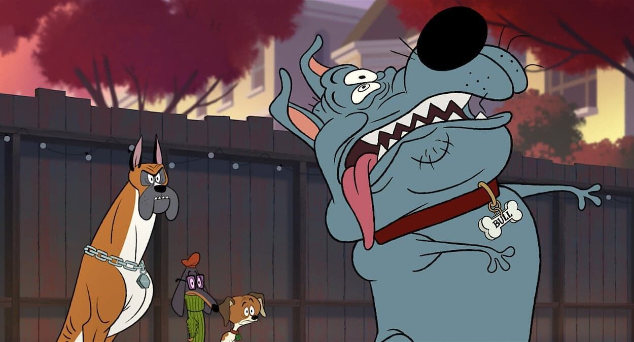 Cartoon dog with tongue out and eye patch stands by a fence as two animals watch a smoky fire behind them