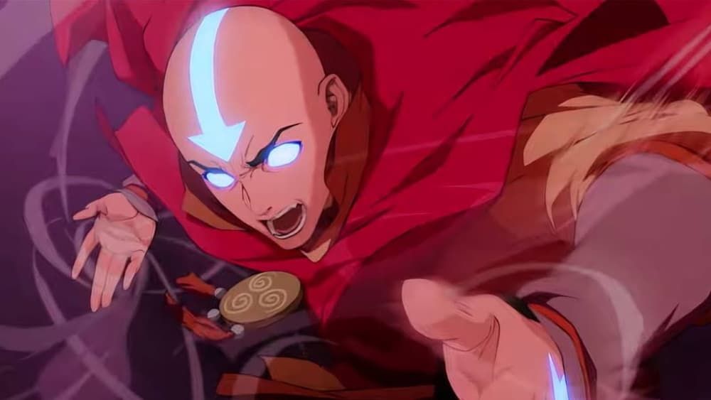 Angry bald monk with glowing blue arrow, in red robes, lunging forward mid-action.