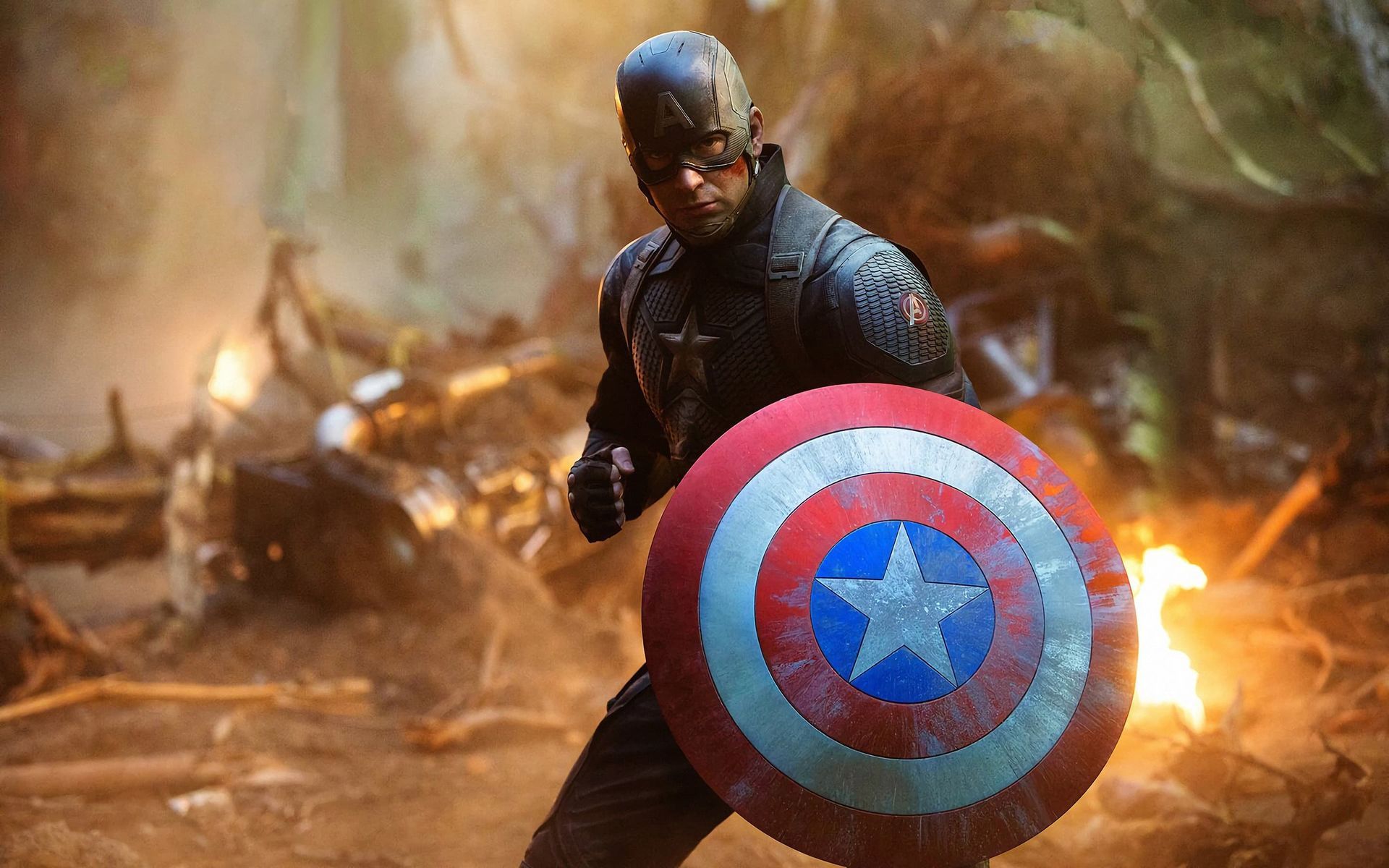 Armored fighter with Captain America shield in a fiery battlefield, facing forward with clenched fists