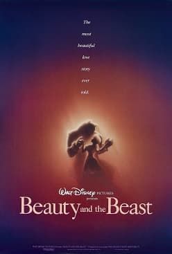 Beauty and the Beast movie poster: Silhouette of the Beast and Belle embracing, glowing against a dark, colorful background.