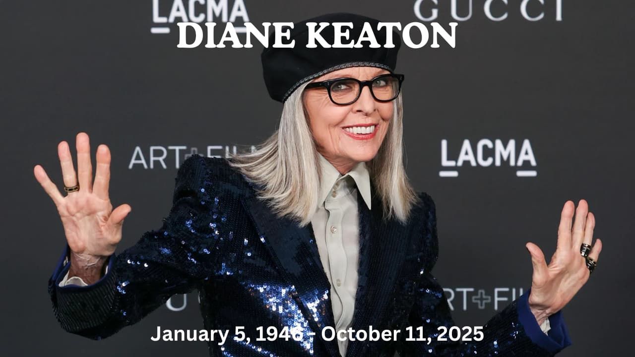 Diane Keaton at LACMA, smiling, wearing a sequined jacket, glasses, and hat, dates: 1946-2025.