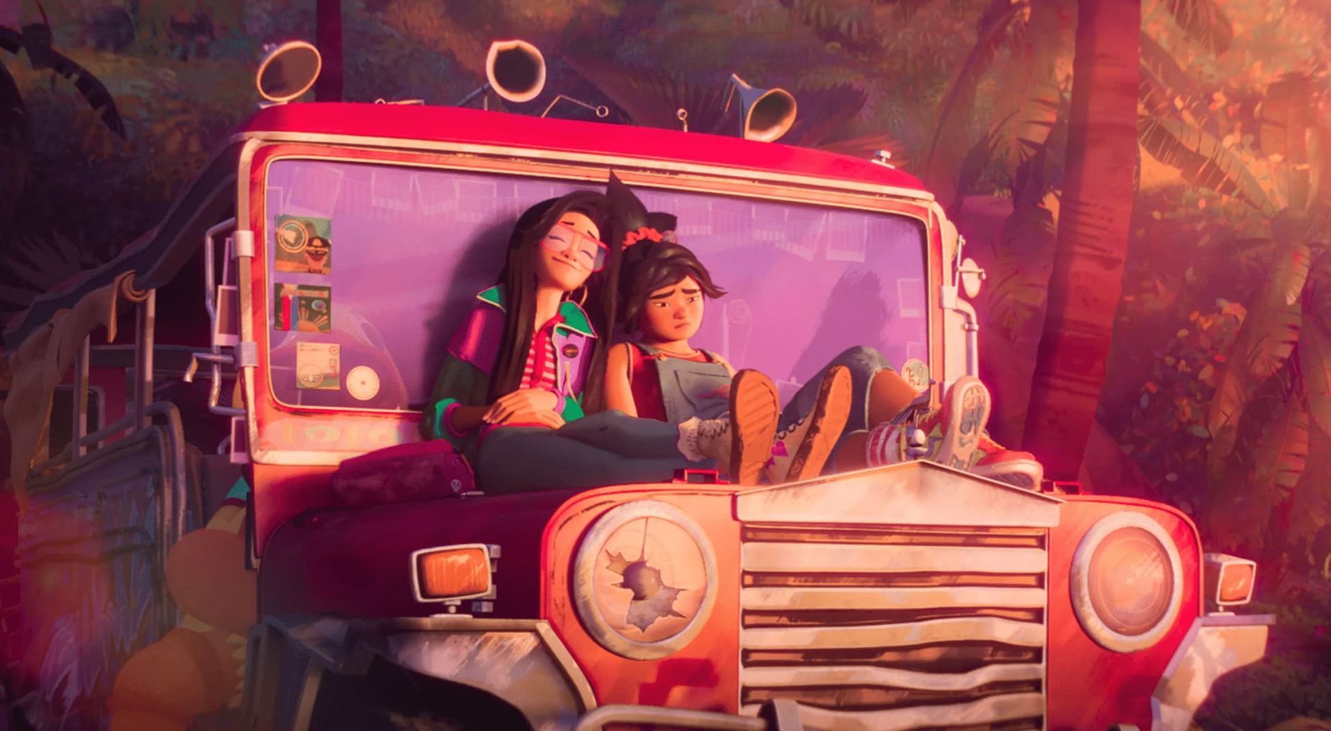 Two people riding in a pink off-road jeep in a neon-lit jungle scene