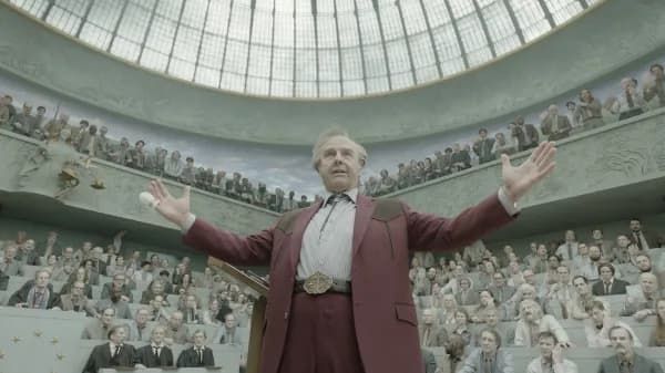 Man in burgundy suit stands with arms outstretched before a packed audience in a large domed hall
