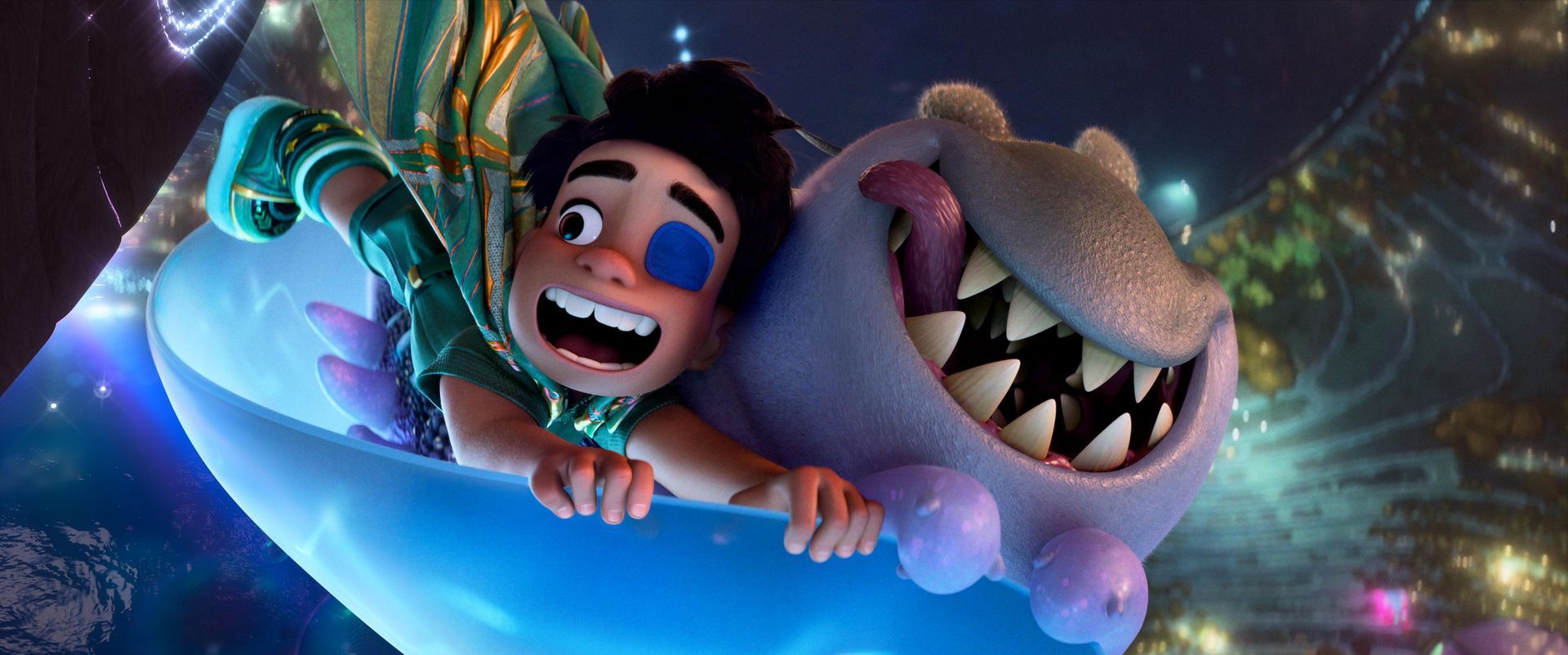 Animated girl and fluffy monster smiling on a glowing blue ride in a colorful night scene