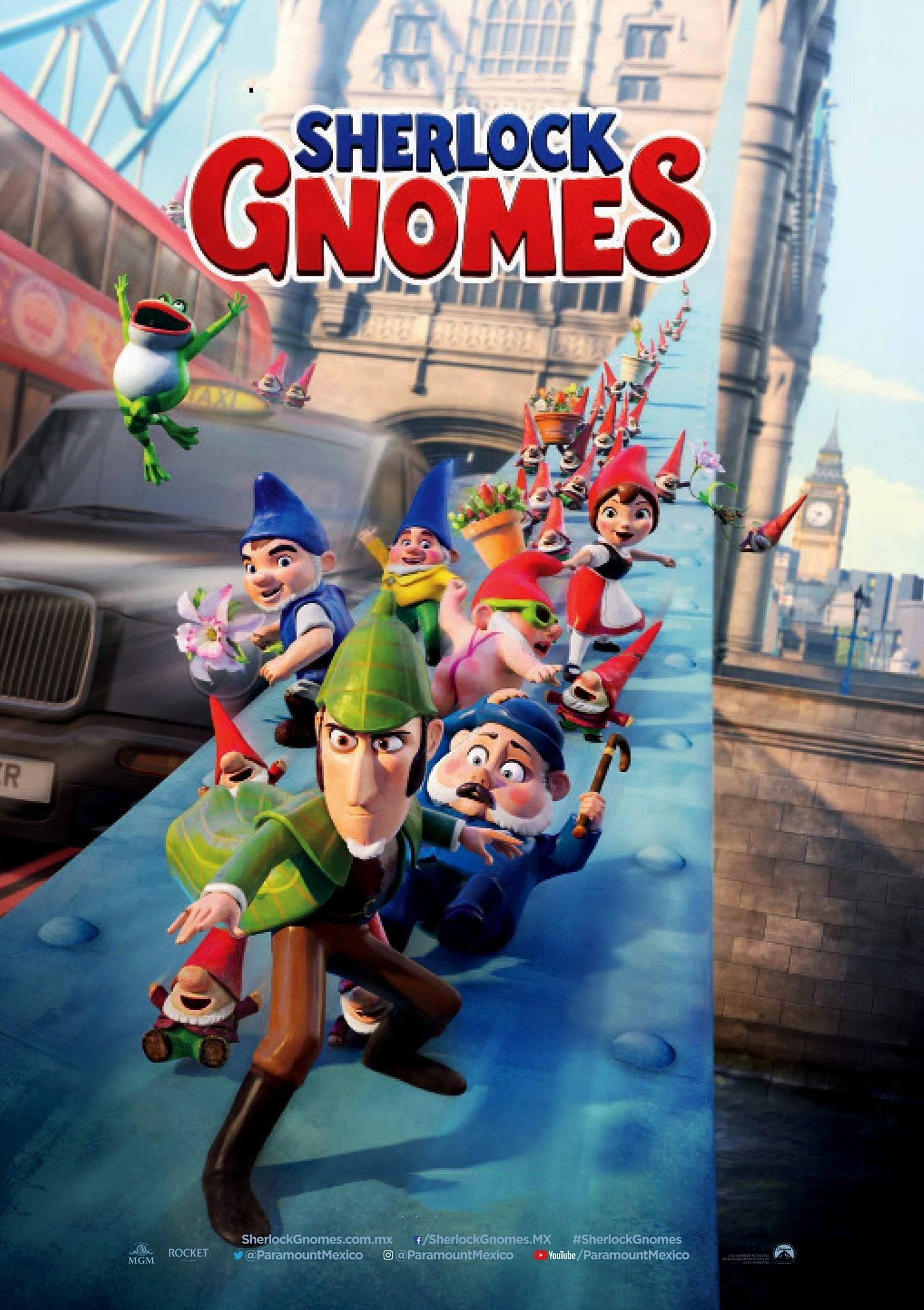 Sherlock Gnomes movie poster: Gnome characters on a bus, London backdrop, bright colors, action-packed.