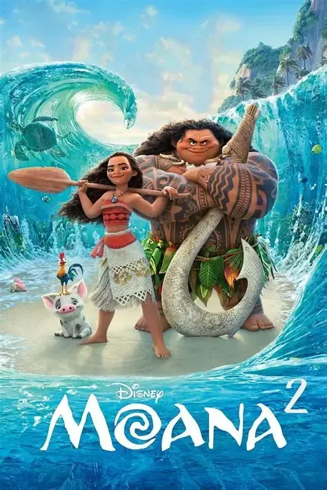 Moana and Maui stand on a beach, with a pig and a crashing wave;