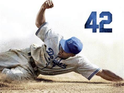 Jackie Robinson sliding into base; Dodgers uniform, number 42.