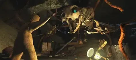 A wooden figure interacts with a menacing skeletal cat in a dark cave.