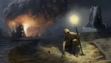 A creature with goggles crawls, holding a glowing staff, as a building explodes in the background.
