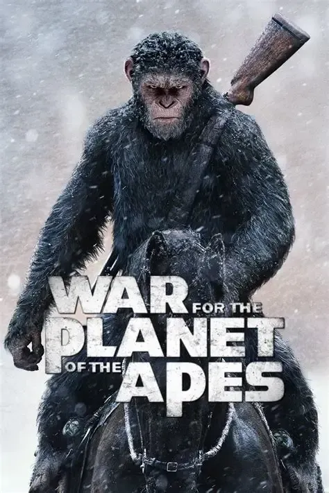 Caesar, ape, rides a horse, rifle on his back, snow falls.