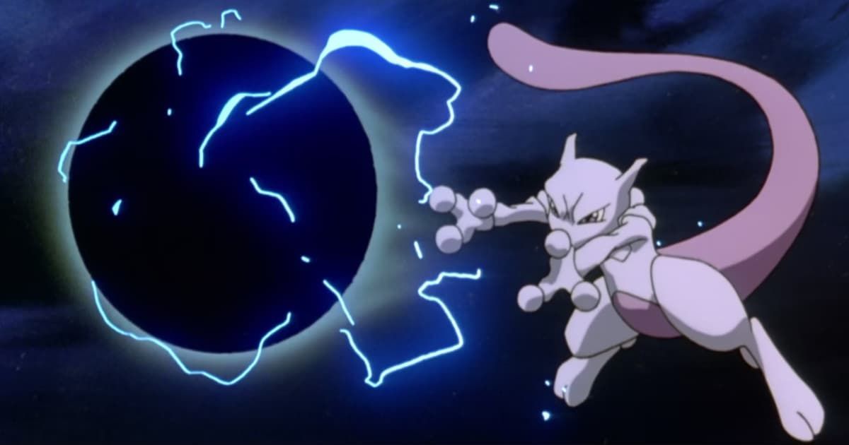 Mewtwo unleashes blue psychic energy at a dark orb, with electric bolts crackling around it.