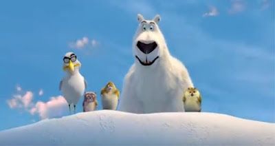 Polar bear and three penguins peeking over a snowy hill under a blue sky.