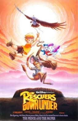 Movie poster for The Rescuers Down Under: boy and mouse flying with birds, against sunset background.
