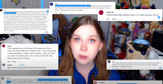 Woman at desk with livestream chat windows and a blue-lit background, looking at the camera.