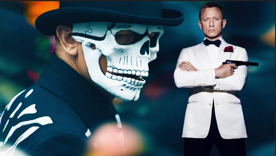 James Bond, in tuxedo, holds a gun; another figure wears a skull mask and skeleton suit.