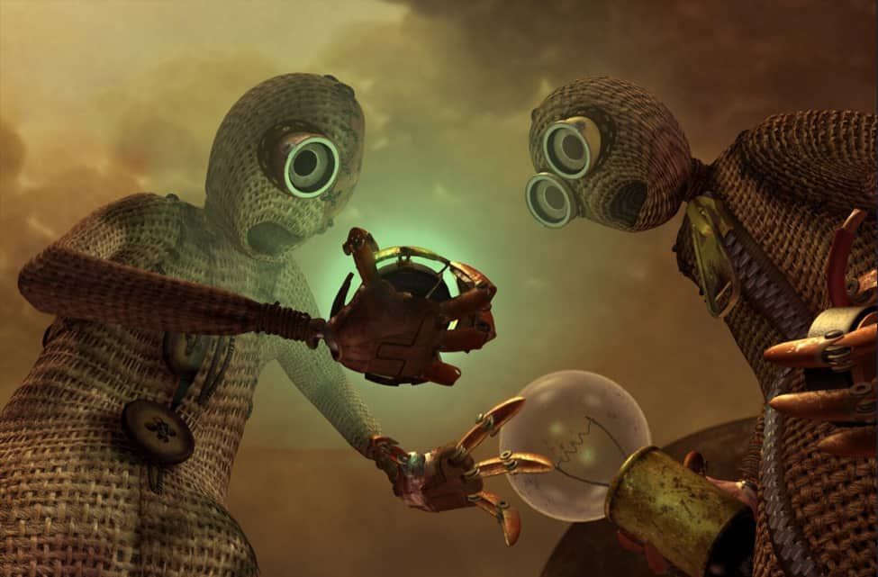 Two ragdoll figures exchange glowing orbs in a dim, surreal setting.
