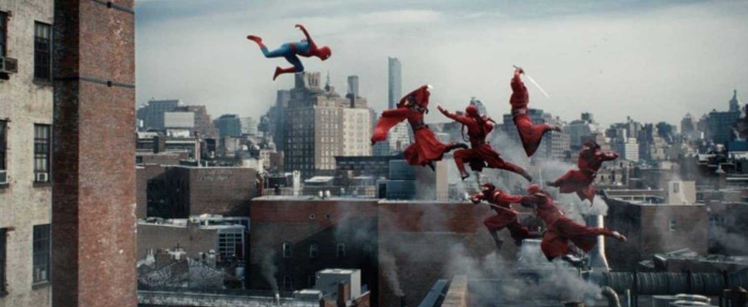 Spider-Man and the Punisher crouch in a dim room as gunfire flashes from the right.