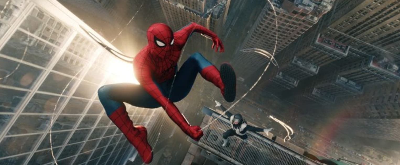 Spider-Man crouches on a metal structure in a dim industrial setting.