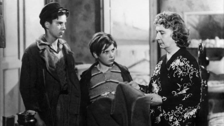 Three people standing indoors, two boys listening to a woman in a patterned dress.