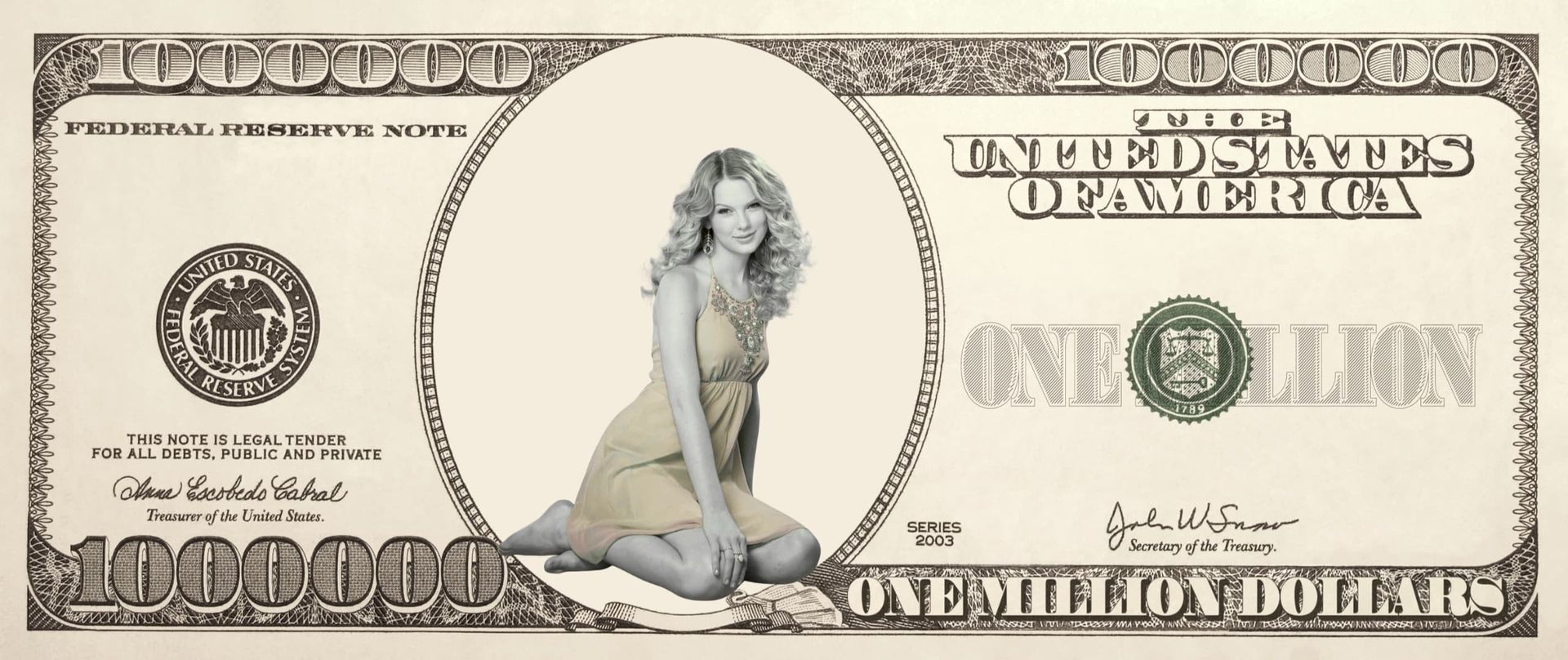 One million dollar bill with woman in center, in a dress, kneeling.