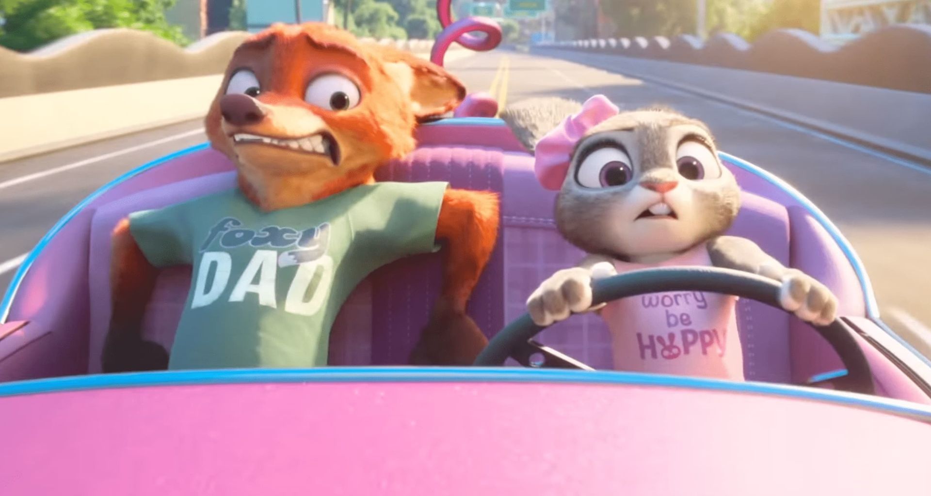 Animated fox and rabbit driving a pink convertible, both looking worried on a sunny road.