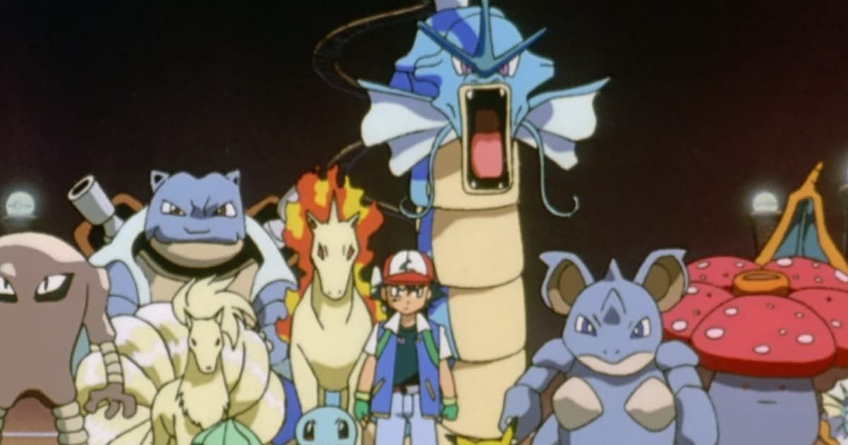 Pokémon characters pose together, with a large blue Gyarados roaring in the center.