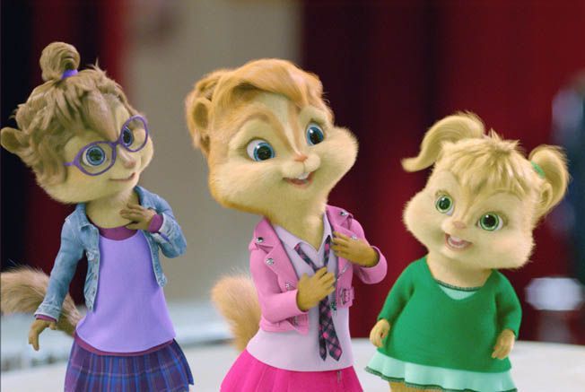 Three female chipmunks, Jeanette, Eleanor and Brittany, dressed in colorful clothes and smiling.