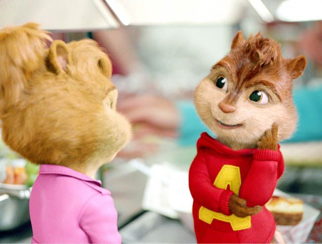 Alvin the chipmunk in a red hoodie smiles at Brittany in a pink shirt at a deli.