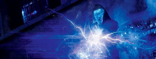 Electro unleashing blue lightning in a dark setting.