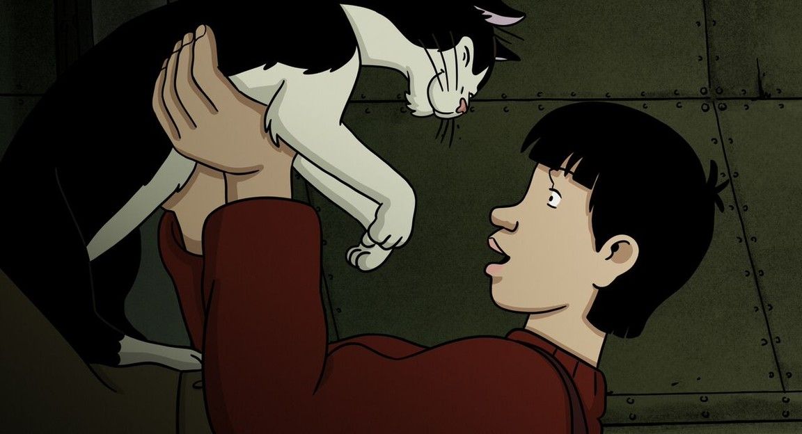 Boy holding a black and white cat, eyes wide. Dark setting.