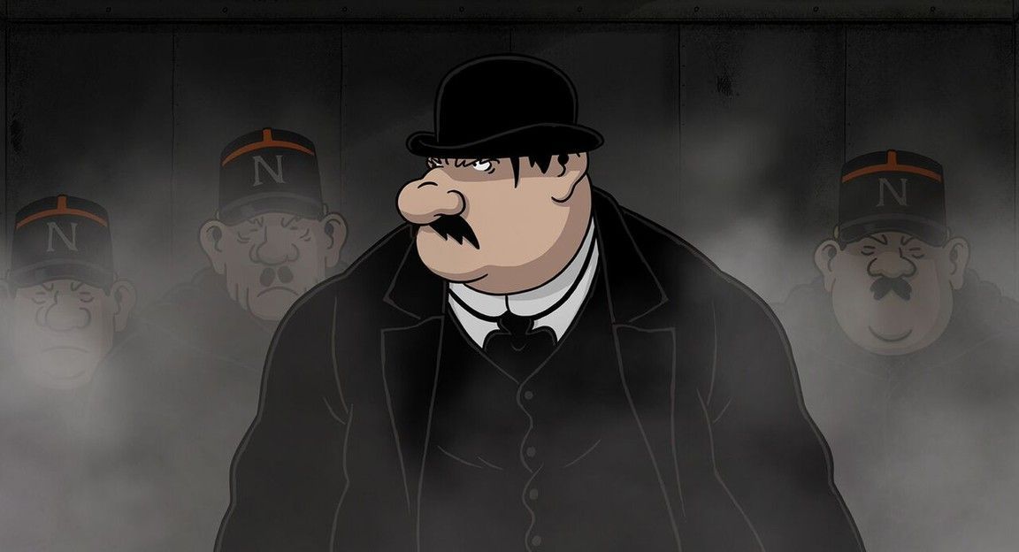 A stout man in a bowler hat and suit
