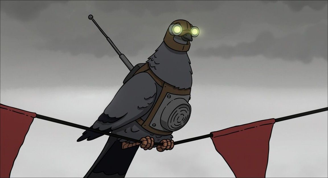 Mechanical pigeon perched on a wire, wearing tech gear, glowing eyes, and a gloomy sky.
