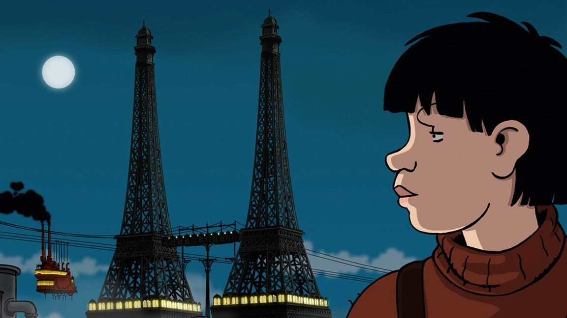 A boy looks sadly at two Eiffel Tower-like structures under a blue night sky.