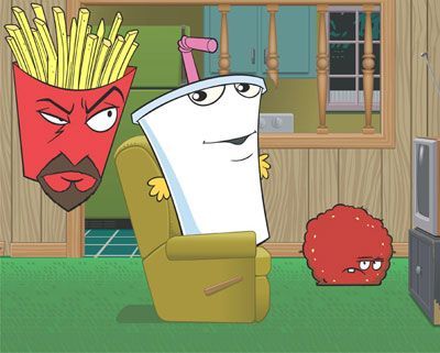 Frylock, Master Shake, and Meatwad in a living room