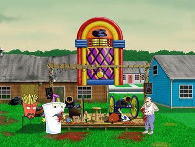 Aqua Teen Hunger Force band with a jukebox, a stage, and characters in a backyard setting.