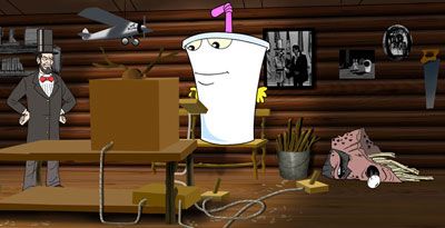 Master Shake sits in a room with Abraham Lincoln and a crashed dog pile.