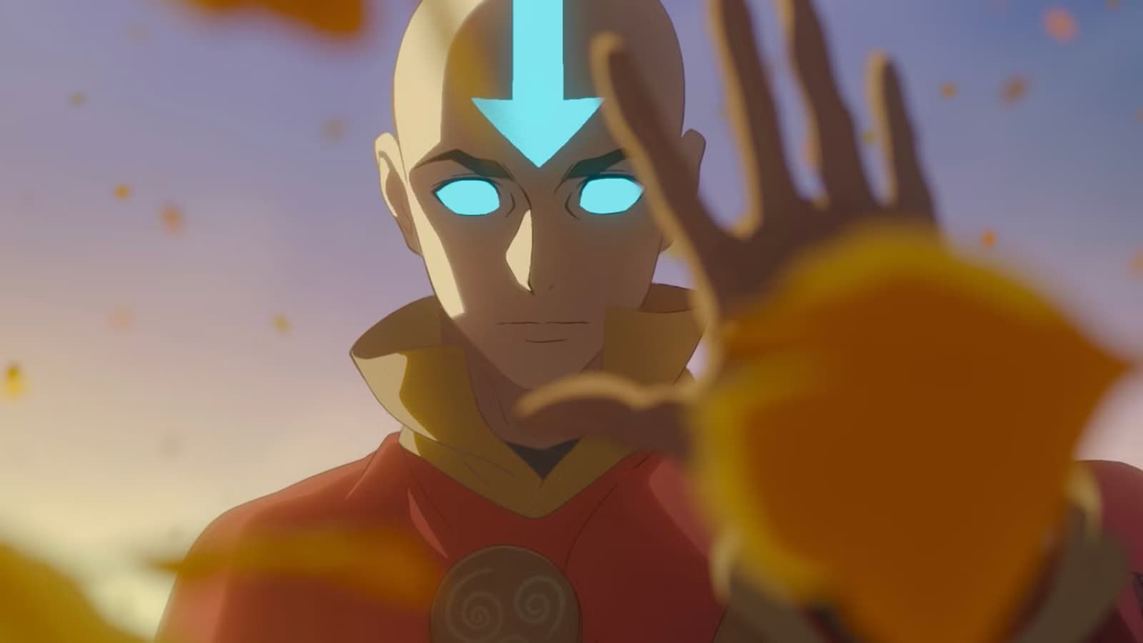 Glowing-eyed figure in red robes raises a hand amid swirling orange light, with blue arrow markings on the forehead