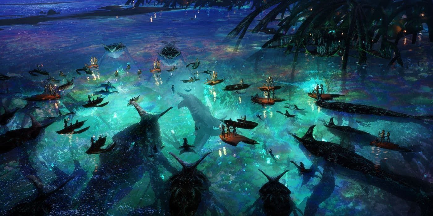 Glowing underwater scene with fish swimming through turquoise water among dark coral and rocks.
