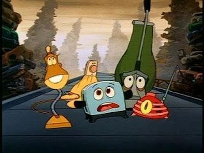 Five animated appliances: a lamp, toaster, blanket, vacuum, and radio look surprised on a road.