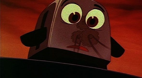A cartoon toaster with large, sad eyes, a worried expression, against a red background.