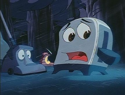 A scared, animated toaster and vacuum in a stormy forest.
