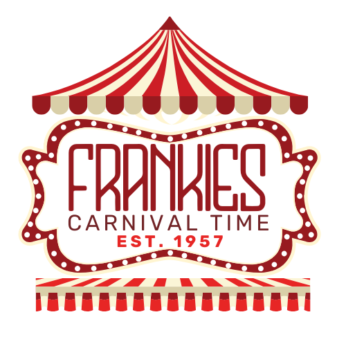 Red and white circus tent with the name