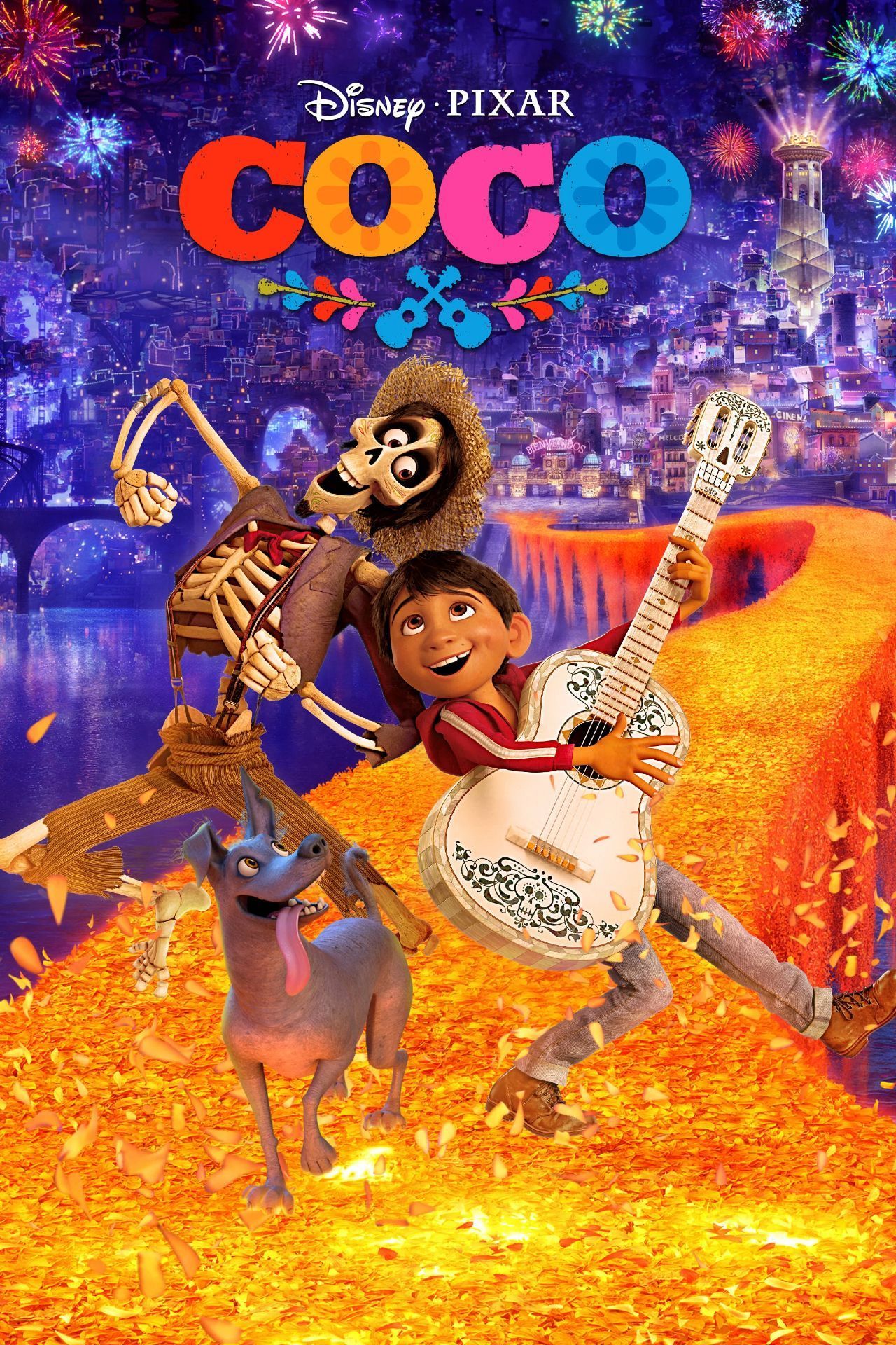 Poster for the movie Coco features Miguel with a guitar, a skeleton, and a dog on a path of marigolds in a colorful town.