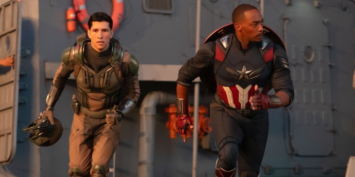 Two superheroes running side by side on an aircraft carrier deck, one in a star-spangled suit.