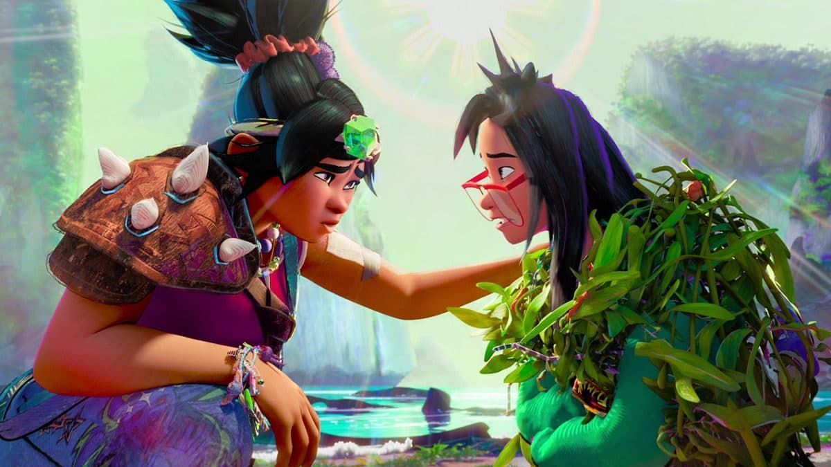 Two animated characters face each other in a lush jungle, one reaching out with a concerned expression.