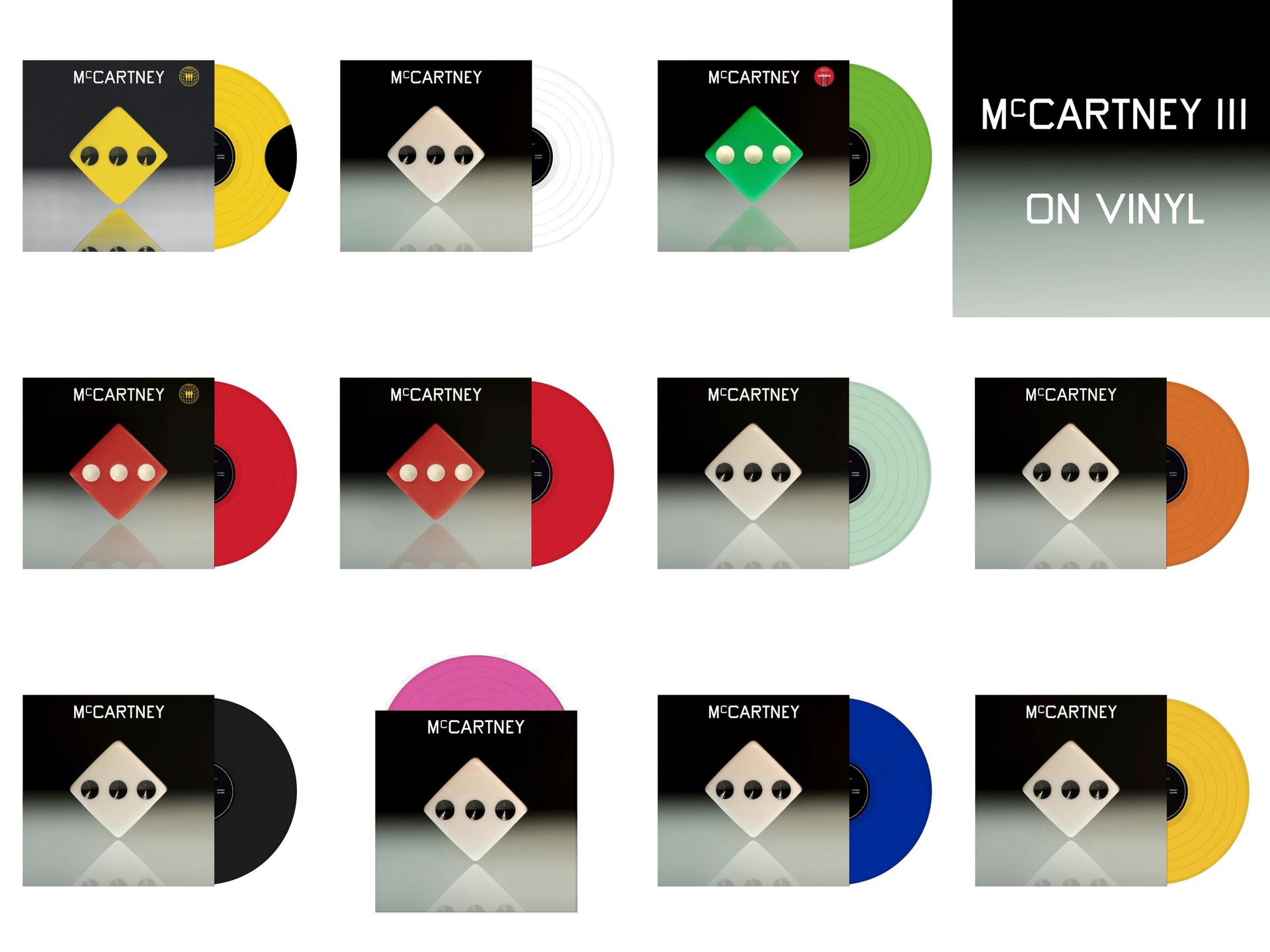 Twelve different colored vinyl record album covers for McCartney III.