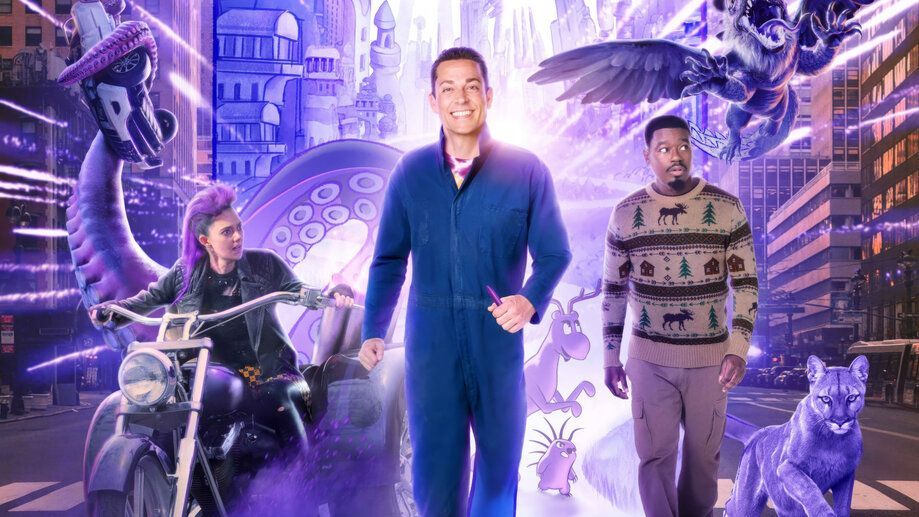 Movie poster: Three people walking toward the viewer in a vibrant, fantasy cityscape.