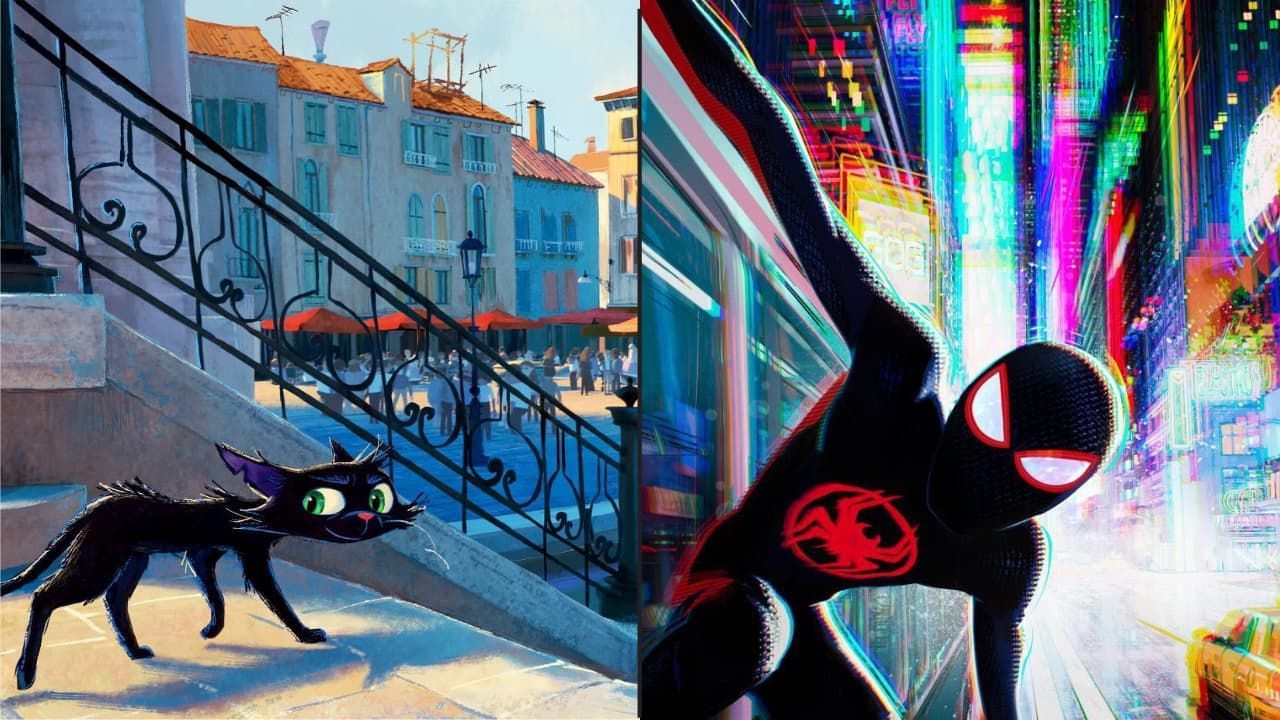 Left: Animated cat on steps. Right: Miles Morales in Spider-Man suit, city background.