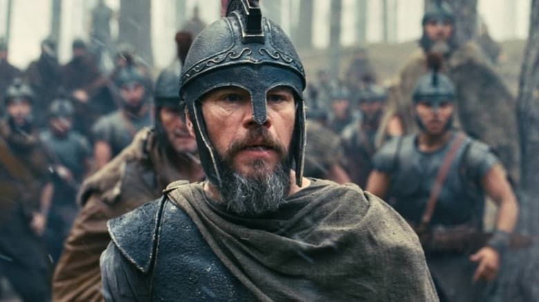 Armored warrior in a helmet stands before a blurred line of soldiers in a misty battlefield.